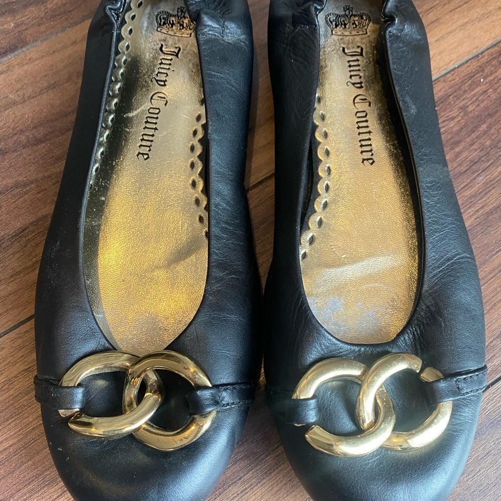 Juicy Couture Black Flats with Gold Chain Detail